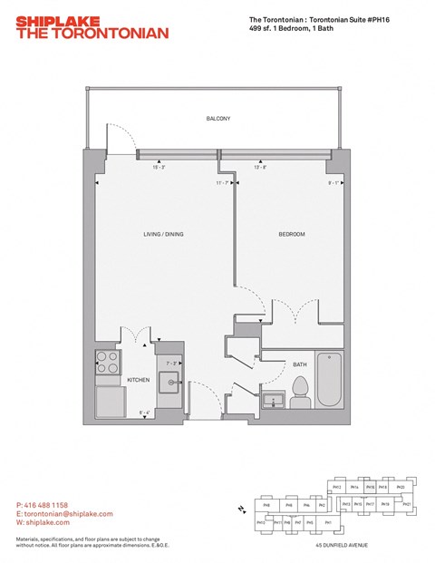 Floor plan for 1 bed, 1 bath, 499 sqft